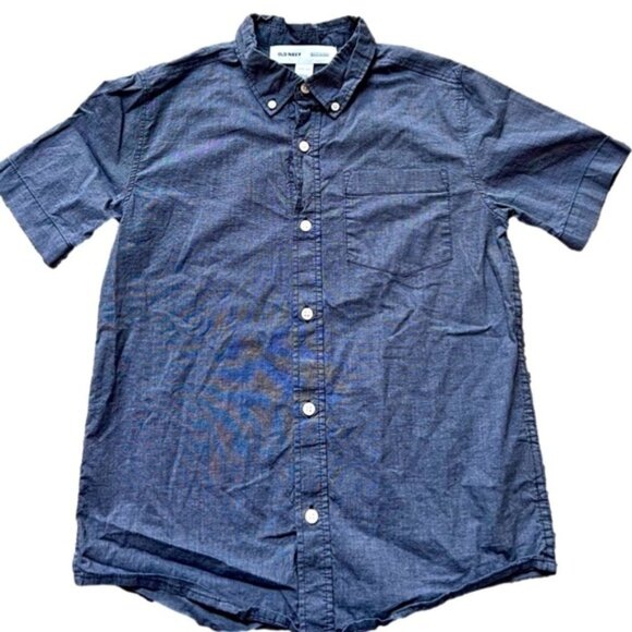 old Navy Denim/Linen-Look Short Sleeved Button Down Boys 10/12 Summer Shirt - Picture 1 of 4